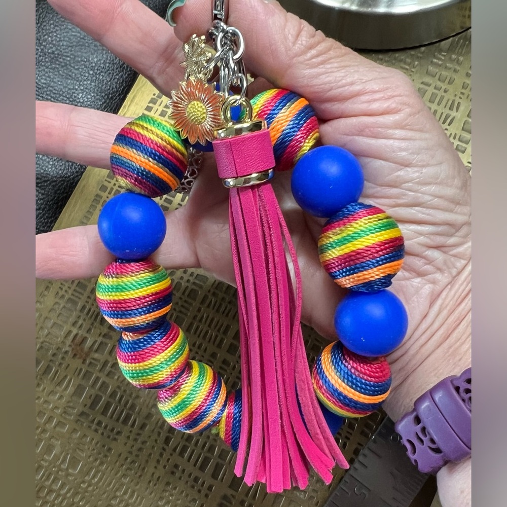 Colorful Beaded Bracelet Wristlet with Pink Tassel